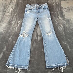 American Eagle Low Rise Flare Jeans 00 Short Light Wash Distressed Split Hem